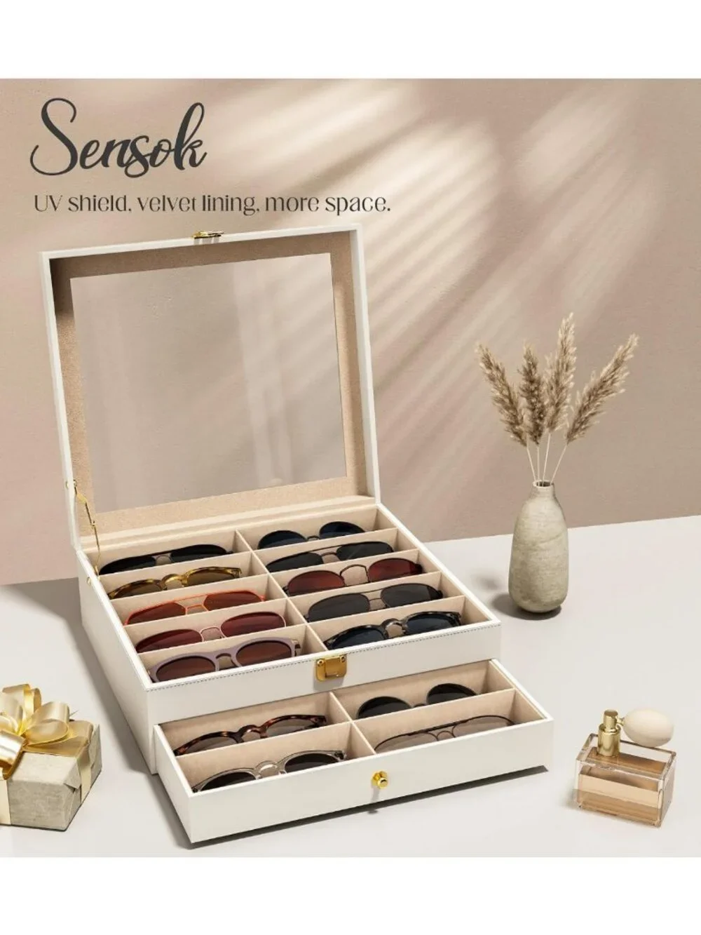 20-Slot Sunglasses Organizer & Eyeglass Display Case - 2-Layer Holder with Clear